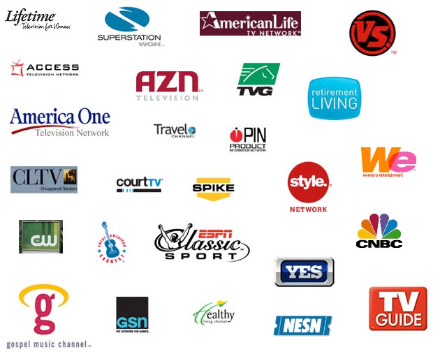 Lifetime, Superstation, American Life, VS, Access, AZN Television, TVG, Retirement Living, America One Television Network, Travel Channel, PIN Product, CLTV and other network logos.